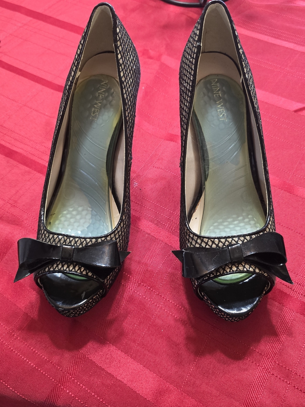Nine West Black and Gold Mesh Peep-Toe Bow Heels